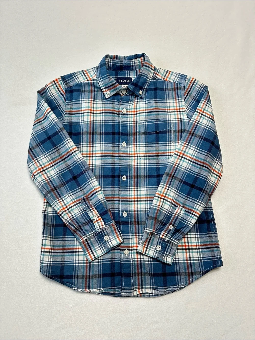 Children's Place Boys Plaid Button Down Large 10/12 Navy Orange Long Sleeve